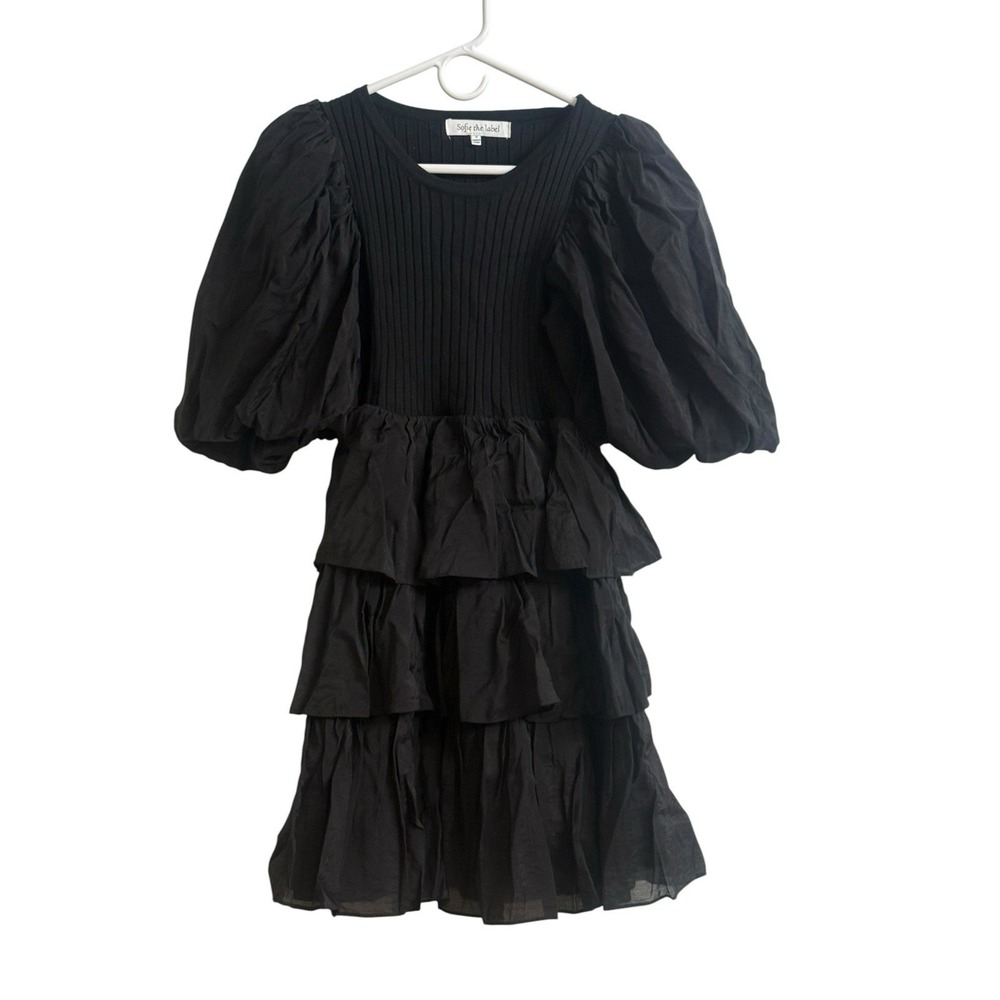 Sofie the Label Black Puff Sleeve Tiered Mini Dress Ribbed Cotton Size Small